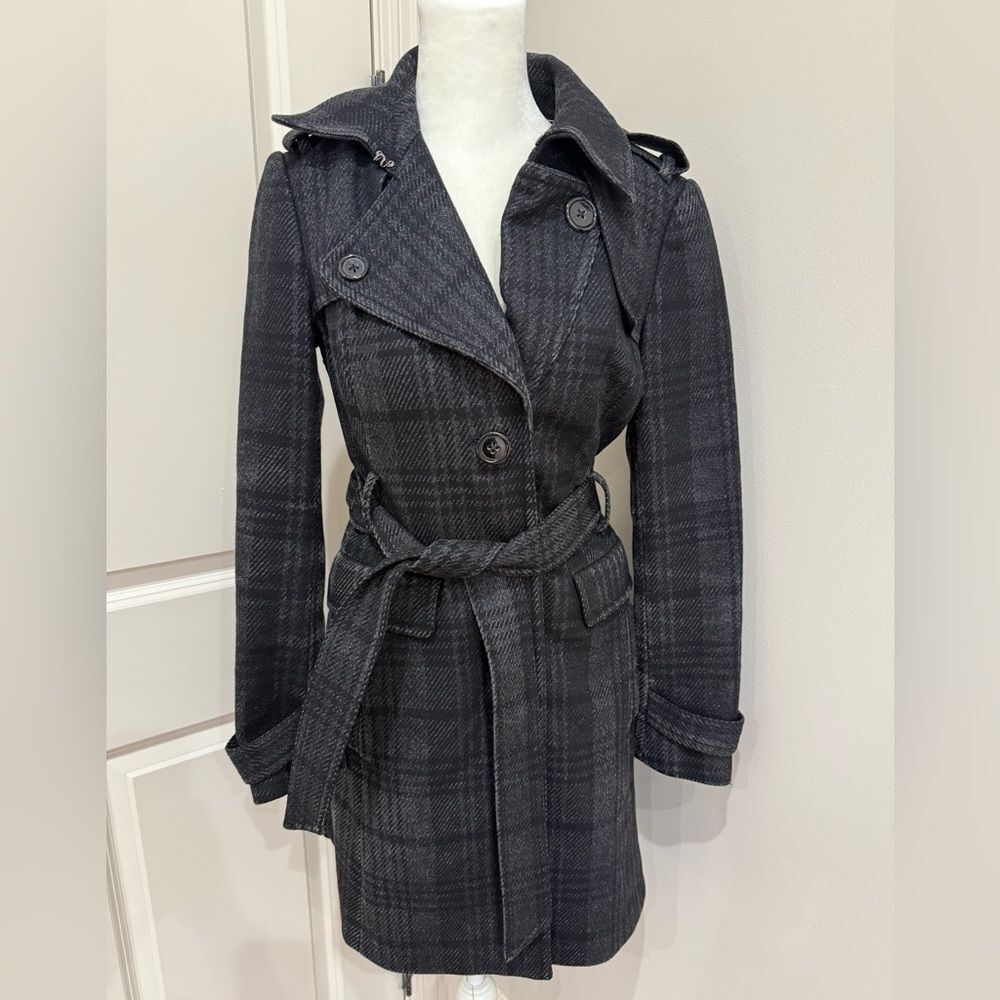 Banana Republic Women's Black Plaid Trench Coat Size X-Small Italian Fabric